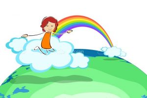 Girl on cloud with rainbow